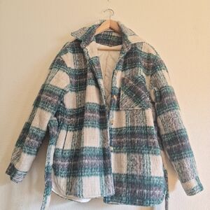 Elegant Women's Plaid Blazer in Teal and Cream